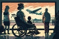woman in wheelchair, watching the plane take off with her family on board