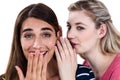 Woman whispering in friend ear Royalty Free Stock Photo