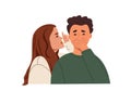 Woman whispering gossip or secret rumors to man ear