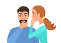 Woman whispering gossip or secret rumors to man. Gossiping secret people vector illustration.