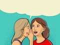 Woman whispering gossip or secret to her friend. Two talking friends.