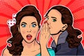 Woman whispering gossip or secret to her friend. Vector pop art illustration