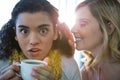 Woman whispering a secret into her friends ear while having coffee Royalty Free Stock Photo