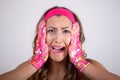 Woman cleaning hysterical Royalty Free Stock Photo