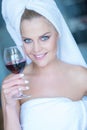 Woman in White Bath Towel Holding Glass of Wine Royalty Free Stock Photo