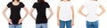 Woman In White And Black T Shirt Front And Rear Views Cropped image Blank T-shirt Options, Girl In Tshirt Set. Mock Up