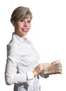 Woman in white blouse holding a wad of money Royalty Free Stock Photo