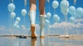 A woman in white boots and blue rain boots walking on the beach. Generative AI image.