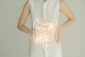 Woman in white clothes holding virtual intestine in hand. Handrawn human organ, detox and healthcare, healthcare hospital service