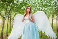 woman in a white corset and a blue puffy dress with large white angel wings behind her back