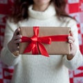 Woman in white dress holds a gift box wrapped in kraft paper and decorated with red ribbon with bow Royalty Free Stock Photo