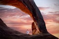 Woman in white dress meditating under natural sandstone arch at sunrise.