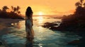 Exotic Sunset: Digital Painting Of A Woman In An Ocean Oasis