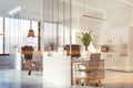 Woman in white and glass office with bookcases Royalty Free Stock Photo