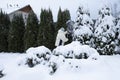 A woman in a white jacket shakes snow from a tree after a heavy snowfall, Royalty Free Stock Photo