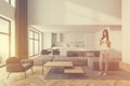 Woman in white living room and kitchen Royalty Free Stock Photo