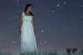 Woman in white long dress under starry night Woman under night sky, Royalty Free Stock Photo