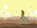 A woman in a white long skirt stands on top of a hill with mountains and a yellow sky  background Royalty Free Stock Photo