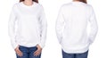 Woman in white long sleeve t-shirt isolated on white background Royalty Free Stock Photo