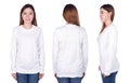 Woman in white long sleeve t-shirt isolated on white background Royalty Free Stock Photo