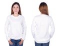 Woman in white long sleeve t-shirt isolated on white background Royalty Free Stock Photo