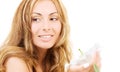 Woman with white madonna lily flower Royalty Free Stock Photo