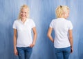 Woman in white polo T-shirt on blue background Royalty Free Stock Photo