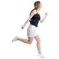 Woman in white skirt and black shirt running smiling