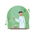 Woman in white stained dressing gown and goggles holds flask