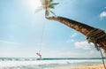 Woman in white swimsuit swinging on tropical palm swing over the ocean waves. Careful summer tropic climate countries vacation Royalty Free Stock Photo