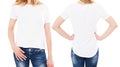 Woman in white t-shirt isolated - girl in stylish t shirt close up set