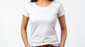 Woman in white t shirt mockup template for design print, studio shot on light gray wall