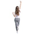 Woman in white t-shirt and pants happiness dancing hands up Royalty Free Stock Photo