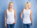 Woman in white tanktop on blue background Royalty Free Stock Photo