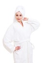 Woman in white towel and bathrobe Royalty Free Stock Photo