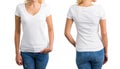 Woman in white V-neck T-shirt, front and back