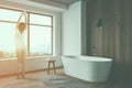 Woman in white and wooden bathroom with tub Royalty Free Stock Photo