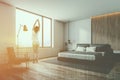 Woman in white and wooden bedroom corner Royalty Free Stock Photo