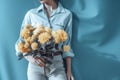 woman white yellow floral blue surprise bouquet romantic sweater hand flower. Generative AI. Royalty Free Stock Photo