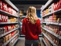 A woman who focuses on conscious consumption thoughtfully navigates the aisles of the supermarket, prioritizing nutritional value