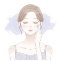 Woman moisturizing face with cotton pack. Girly art style. She is wearing a light blue camisole.