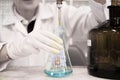 The woman who's the scientist is doing the experiment, the titration of the reagent in the flask Royalty Free Stock Photo