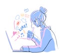 Woman who uses note pc. Woman drinking coffee and using SNS on laptop