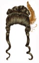 Woman wig hairs curls. medieval style rococo,baroque high hairdress with feather.