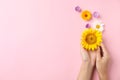 Woman with wild flowers on color background Royalty Free Stock Photo