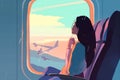 woman seat transportation passenger window plane flight train trip journey character. Generative AI.