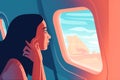 trip woman passenger journey plane sleep window transportation seat character flight. Generative AI.