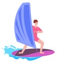 Woman windsurfing. Female surfer stand on board and ride wave