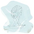 Woman with windy hair doing yoga lotus exercise continuous one line. Vector underwater illustration minimalism style