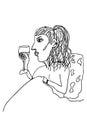 Woman with wine glass, freehand children\'s drawing sketch style. Lady enjoying goblet of alcohol, simply painted girl.